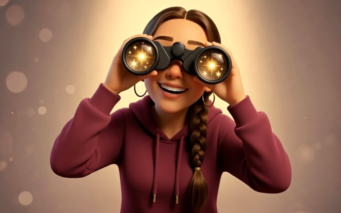 Une femme souriante tient deux jumelles rondes dorées devant ses yeux, observant quelque chose à distance.
