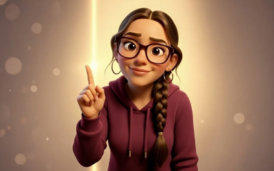 Une jeune femme souriante avec des lunettes et une tresse, vêtue d'un hoodie pourpre, pointe son index gauche vers le haut et un rayon lumineux doré traverse l'image.